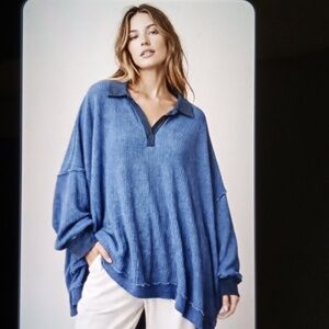 We The Free Super Oversized Waffle Knit Slouchy Fit Dutch Blue Womens Large
